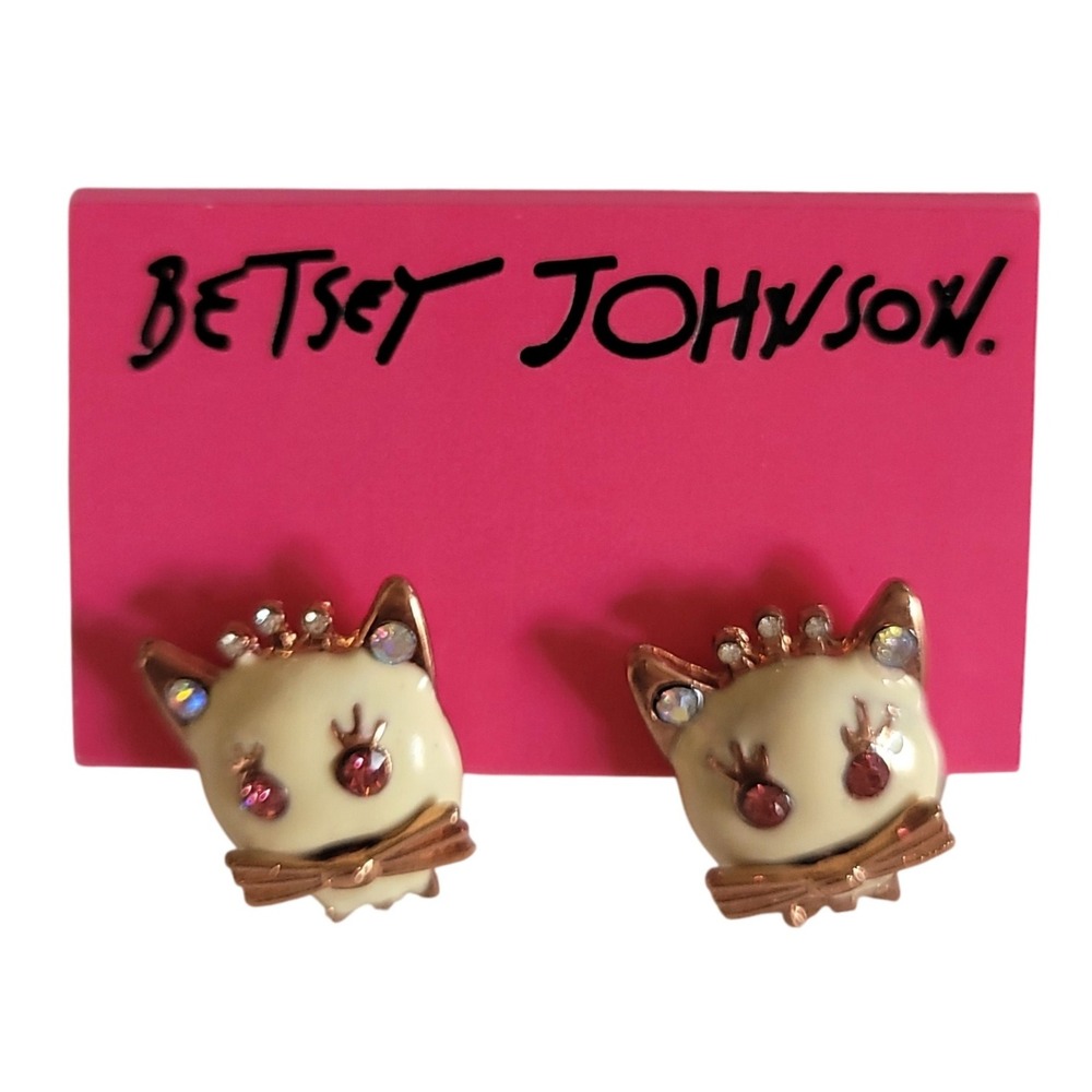 Vintage Betsey Johnson Kitty Cat Earrings Stud‎ Rhinestone Crown Bow Cute Enamel
